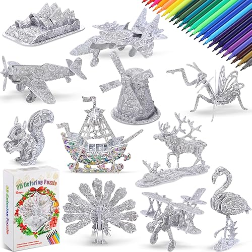 Syhood Juego de 36 rompecabezas para colorear en 3D, pintura de animales, rompecabezas para niñas, incluye 12 pinturas creativas de bricolaje con 24