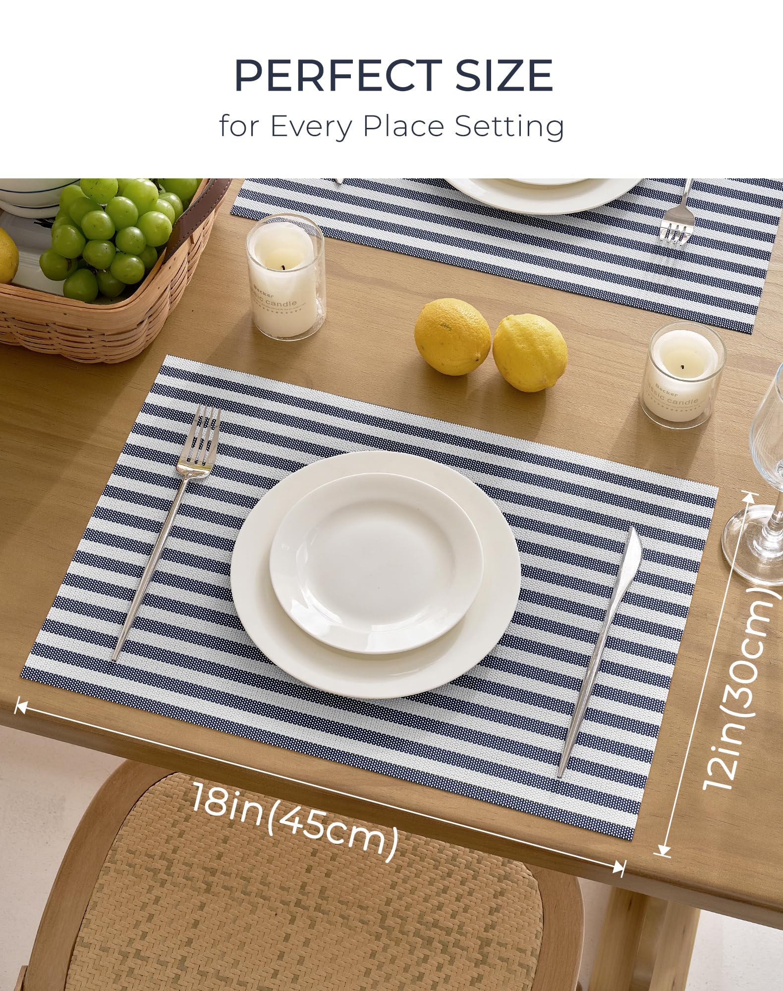 Leetaltree Lot de 8 sets de table en vinyle tissé à rayures bleues et | Sets de table faciles à nettoyer, imperméables, résistants à la chaleur, faciles à nettoyer, adaptés pour une utilisation en