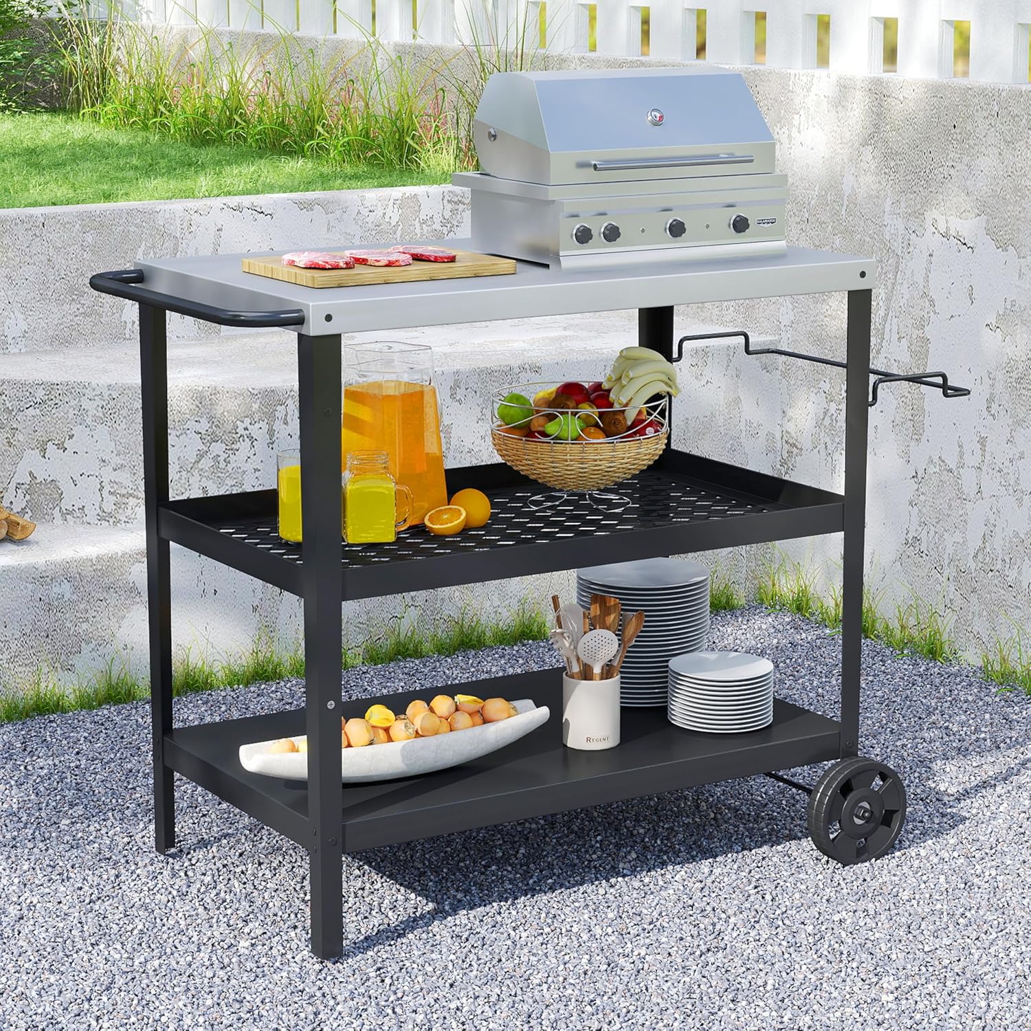 3-Tier Outdoor Grill Table Stainless Steel BBQ Prep Cart with Storage, Rolling Grill Stand for Pizza Oven, Outdoor Kitchen Prep Table with Wheels