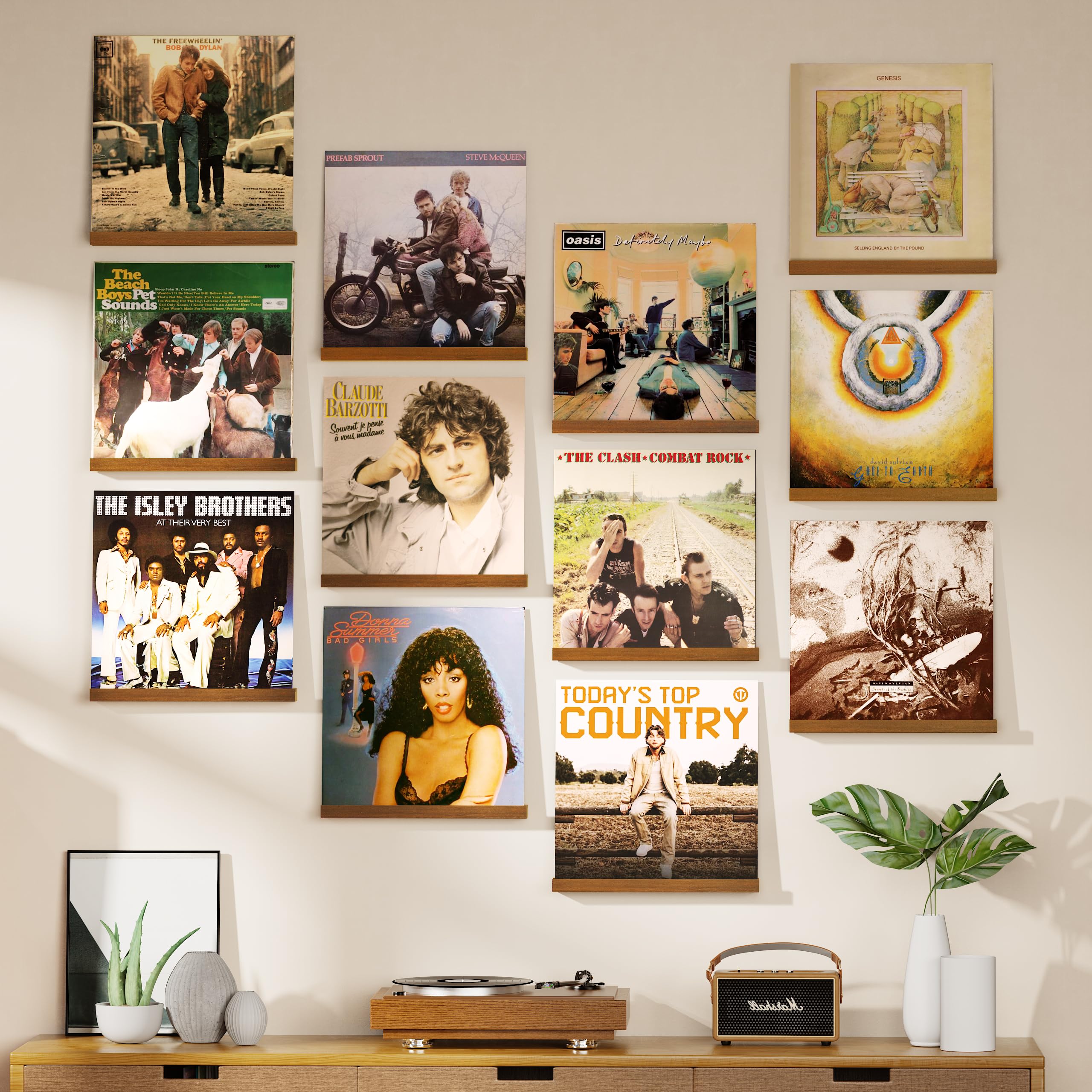 Paquete de 12 estantes de vinilo para montaje en pared, soporte de madera de 12 pulgadas, estantes de almacenamiento de discos de vinilo para álbum LP, exhibición de discos para sala de estar