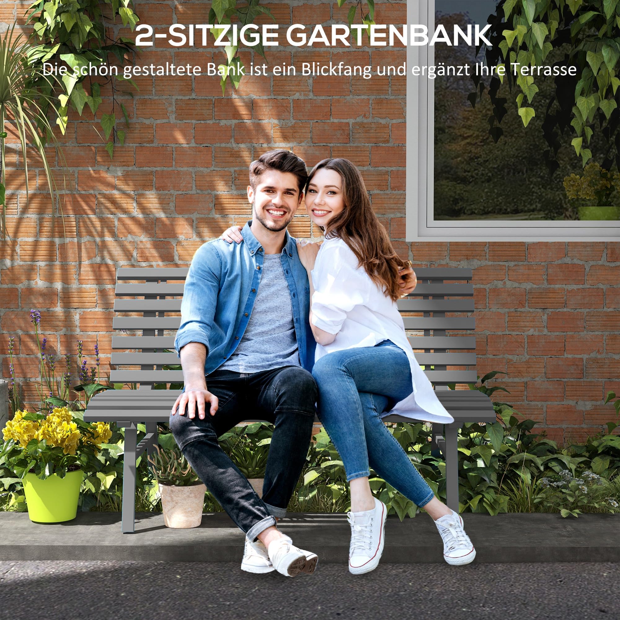 Outsunny 2-Sitzer Gartenbank Alu, wetterfest Sitzbank, UV-Beständig Gartenmöbel mit Lamellen-Design, Parkbank 240kg belastbar, Balkonbank für Balkon Terrasse, Garten, 123x67x79cm, Grau
