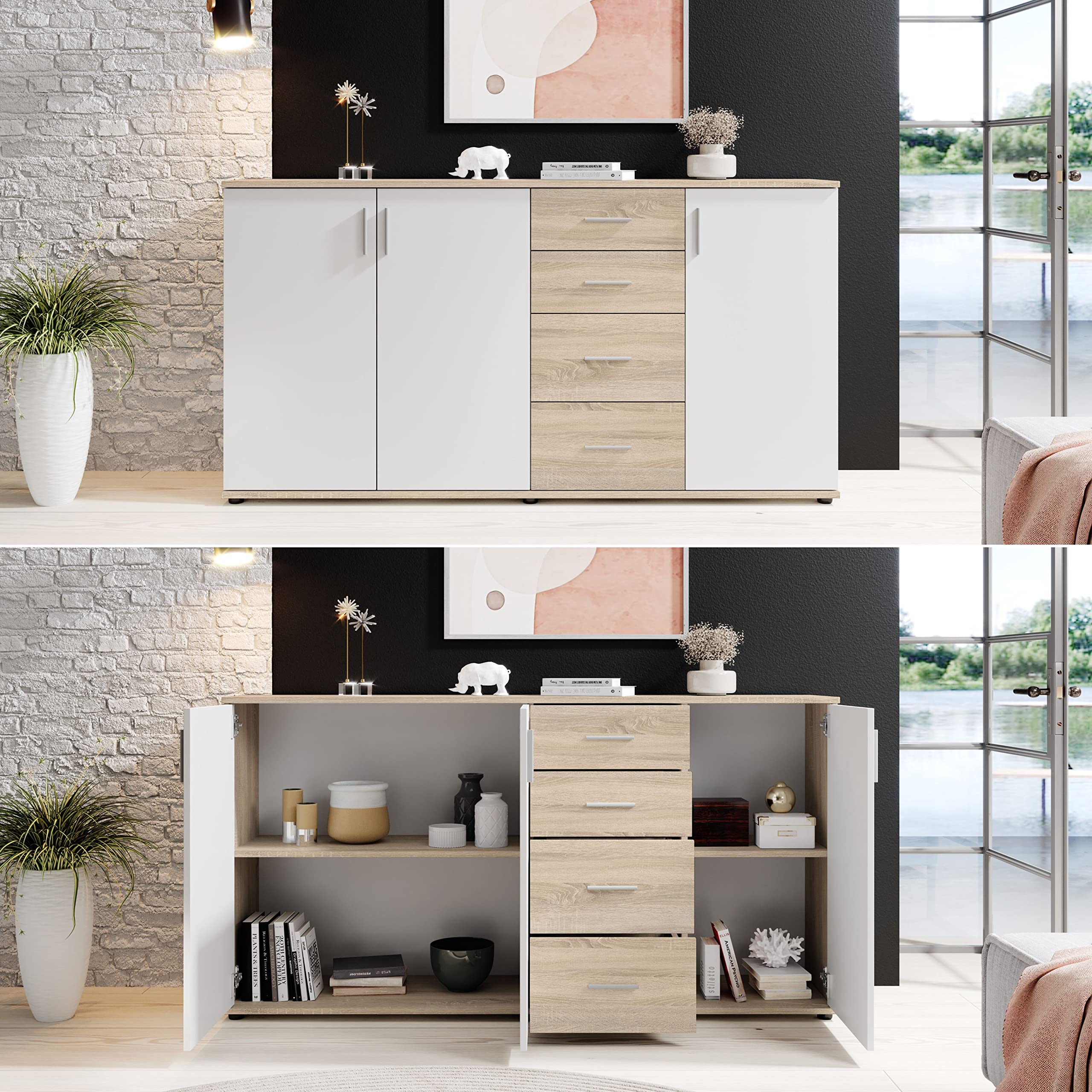 Stella Trading BOBBY, Cassettiera, effetto rovere Sonoma, bianco, credenza elegante con ampio spazio disponibile per la zona giorno; 160 x 82 x 35 cm, L x A x P