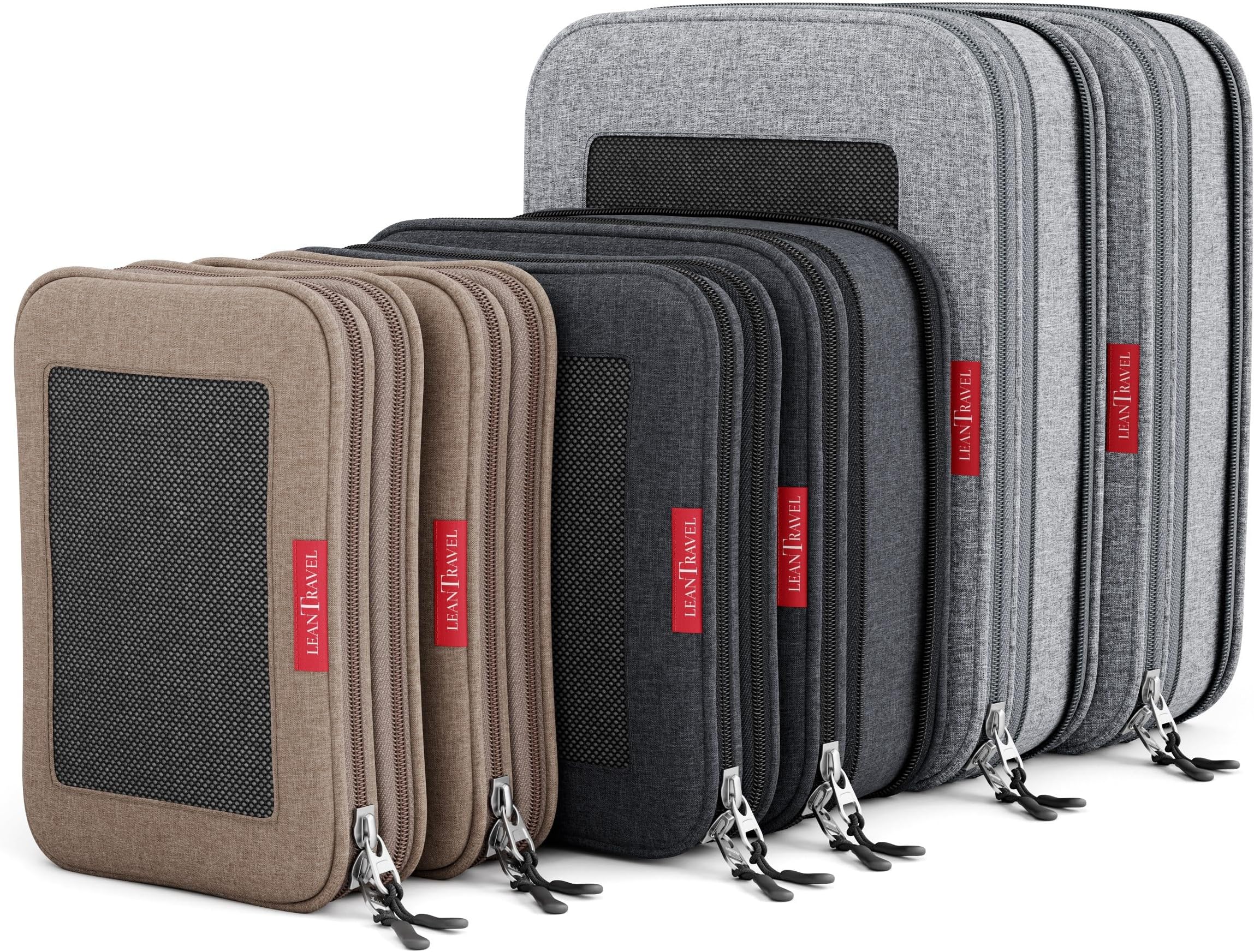 LeanTravel Premium Compression Packing Cubes for Travel - Suitcase Organizer Bags with Double Zipper & Breathable Mesh Panel - Space Saving Carry On Luggage Essentials (6-Pack, Grey, Black, Brown)