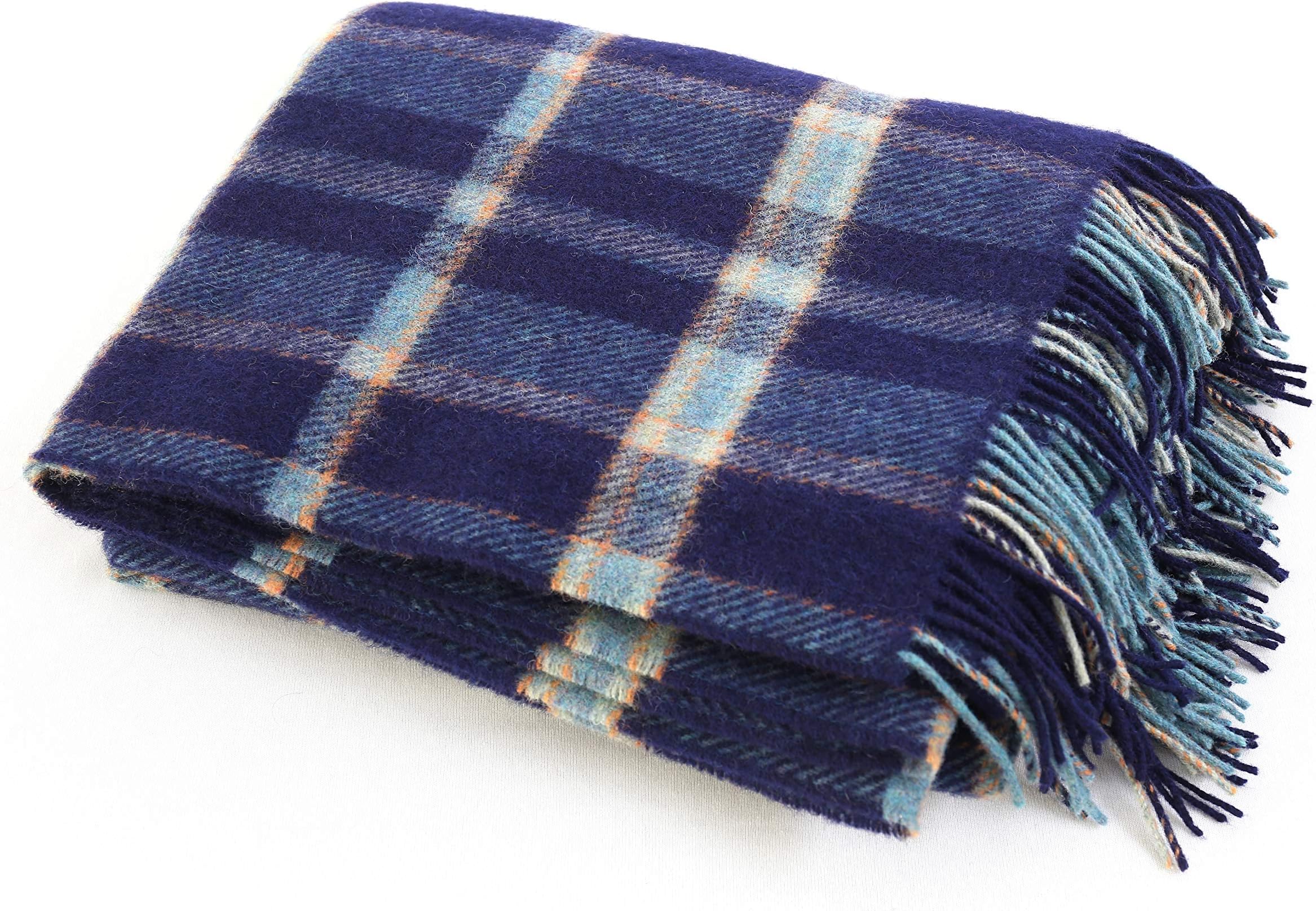 Biddy Murphy Irish Wool Blanket 54" x 72" Fringed 100% Wool Throw Blanket Blue & Orange Plaid Made in Ireland Made in Ireland