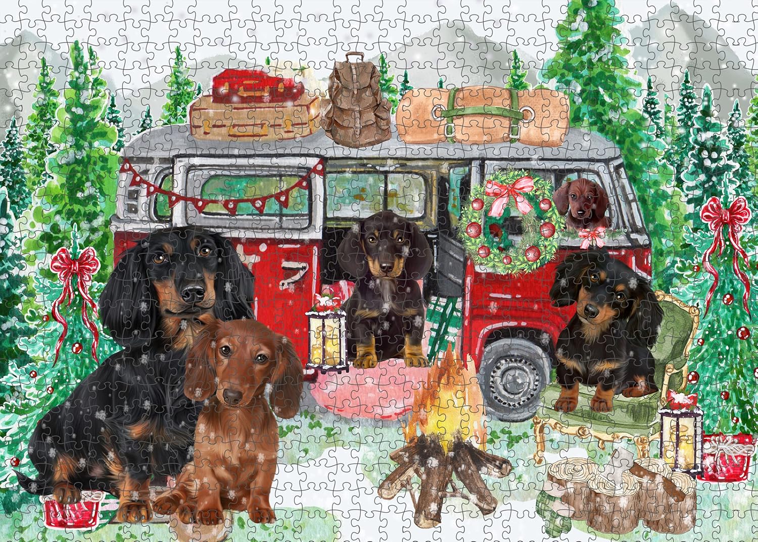 Christmas Time Camping with Dachshund Dogs Jigsaw Puzzle for Adults - Animal Printed Interlocking Puzzle Game Artwork - Gift for Dog Lover's - 1000 Pcs 29.5"x19.7"
