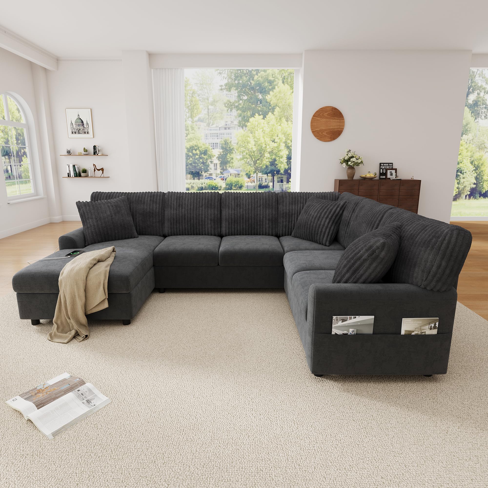 Sofa Rinconera en Forma de U, Puerto USB, 3 Cojines