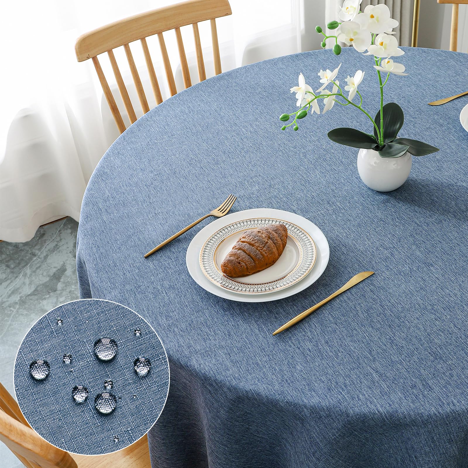 AooHome Tablecloth Round Φ140cm, Blue Linen Look Tablecloths Washable Polyester Tablecloth Water-repellent with lotus effect, Durable Scratch resistant for living room, dining room, balcony, garden