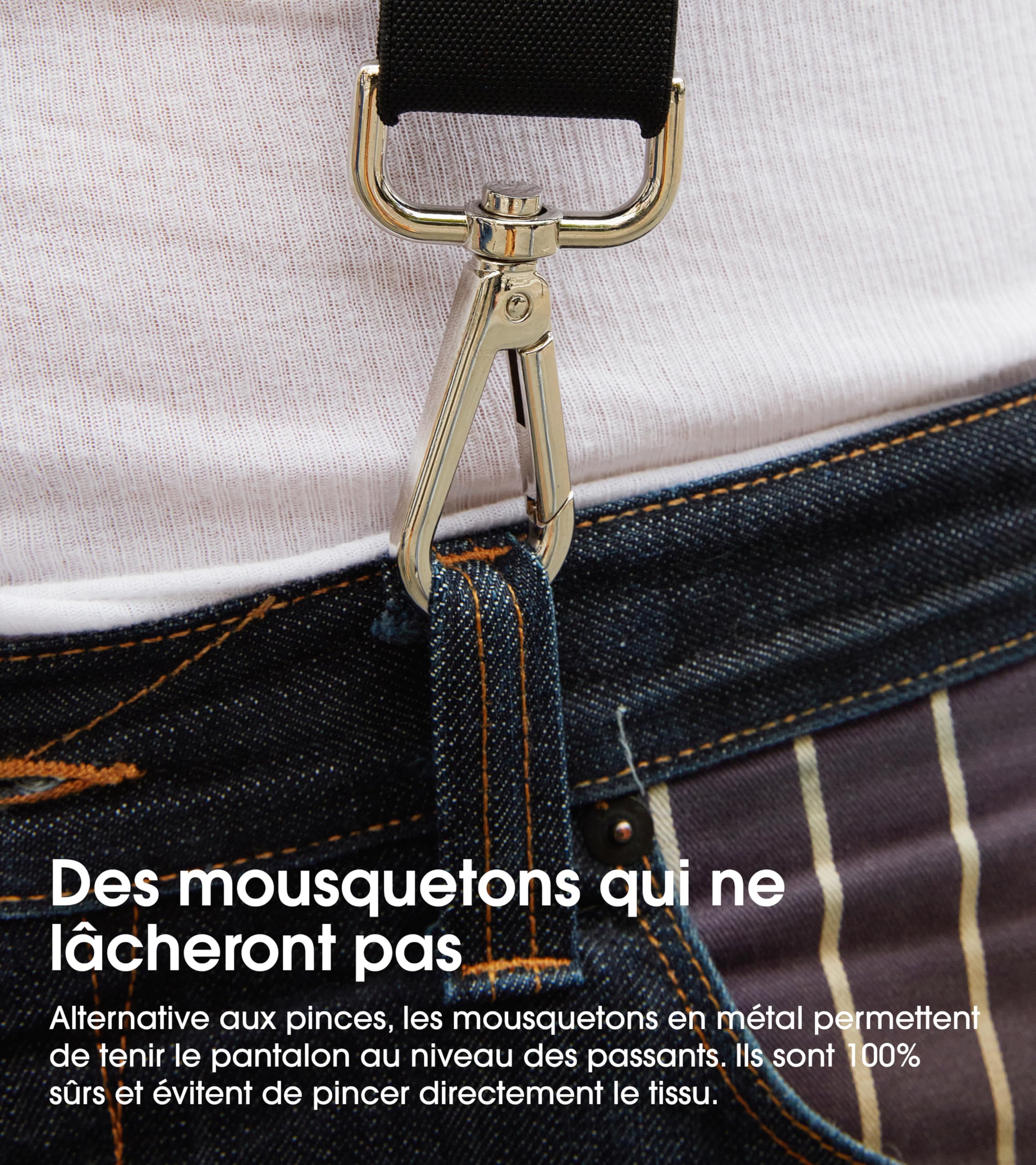 PIERROT Bretelles à Mousquetons Homme Larges Premium Made in France - Taille Unique Ajustable Elastique Confortable Renforcé et Finitions en Cuir - Mousqueton Ultra Résistant