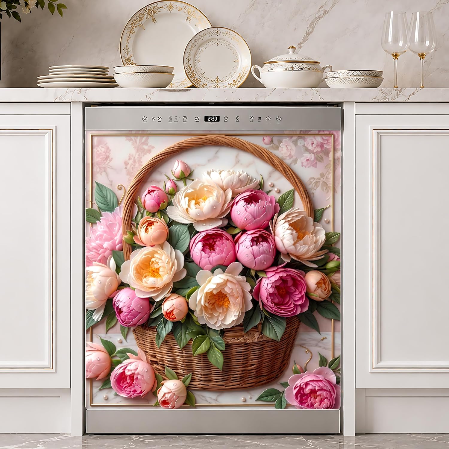 Dishwasher Magnet Cover Decorative, Pink Rose Basket - Magnetic Dishwasher Cover for the Front, Removable Dishwasher Cover Magnet, Refrigerator Magnetic Cover Panel, 23x26 in