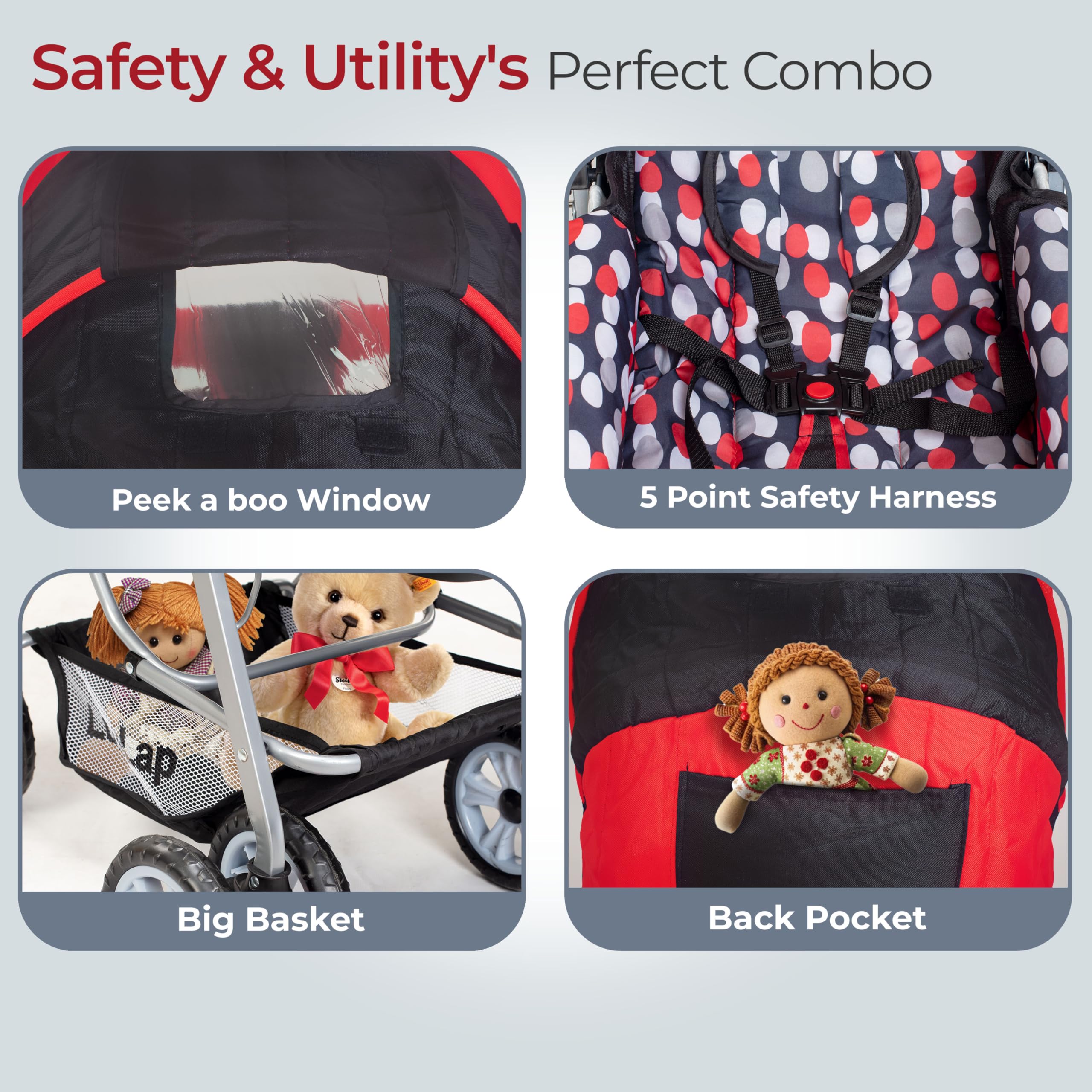 LuvLap Sunshine Baby Stroller/Pram for 0 to 3 Years, New Born/Toddler/Kid, 5 Point Safety Harness, Adjustable backrest, 360° Swivel Wheel, Large Storage Basket, Reversible Handlebar (Red) 4