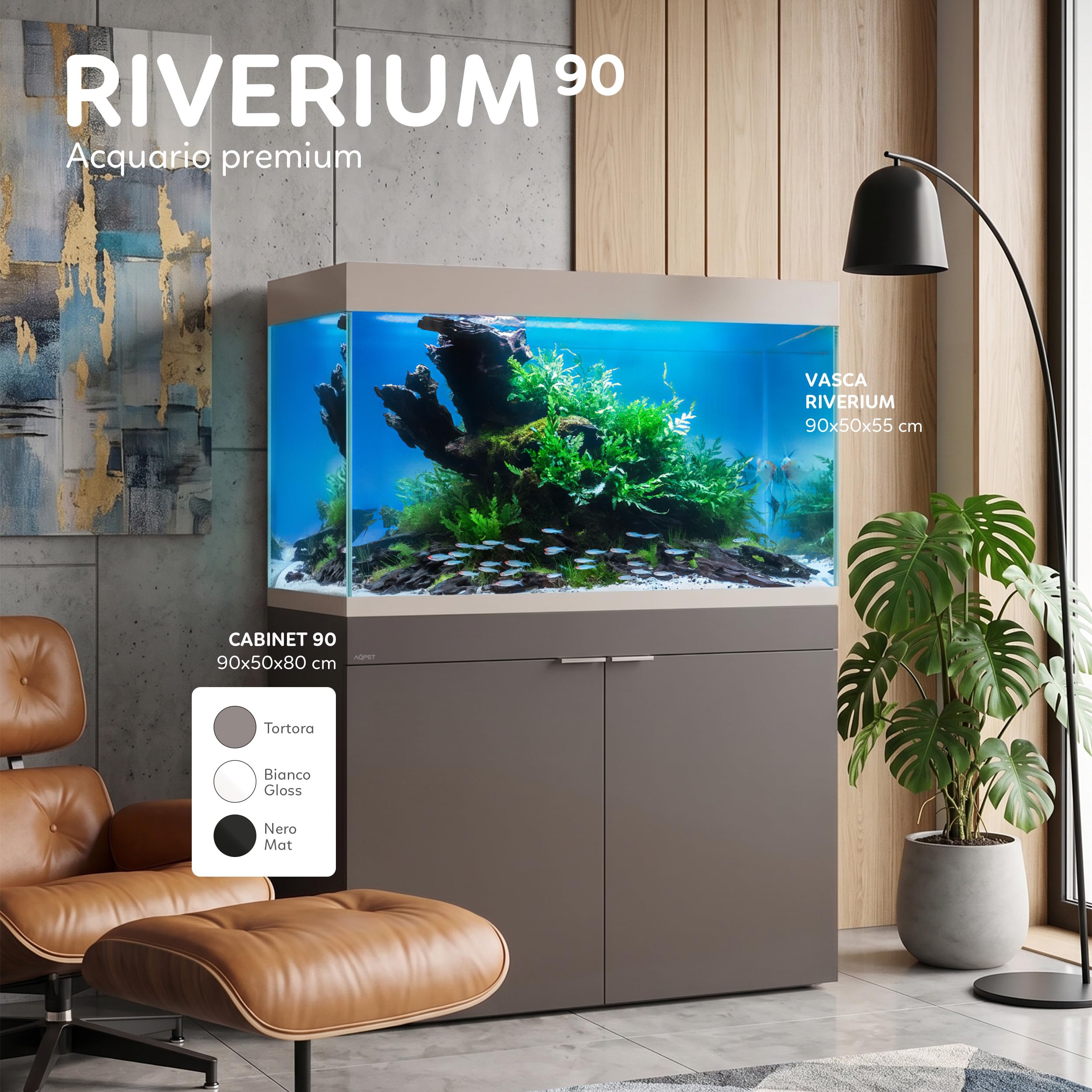 AQPET RIVERIUM Acquario Completo 240L con Mobile in Legno, Vetro Extrachiaro 10 mm, Filtro Esterno HALO 300, LED RGB BRIGHT 900R, Riscaldatore 200W, Acqua Dolce e Marina (Bianco)