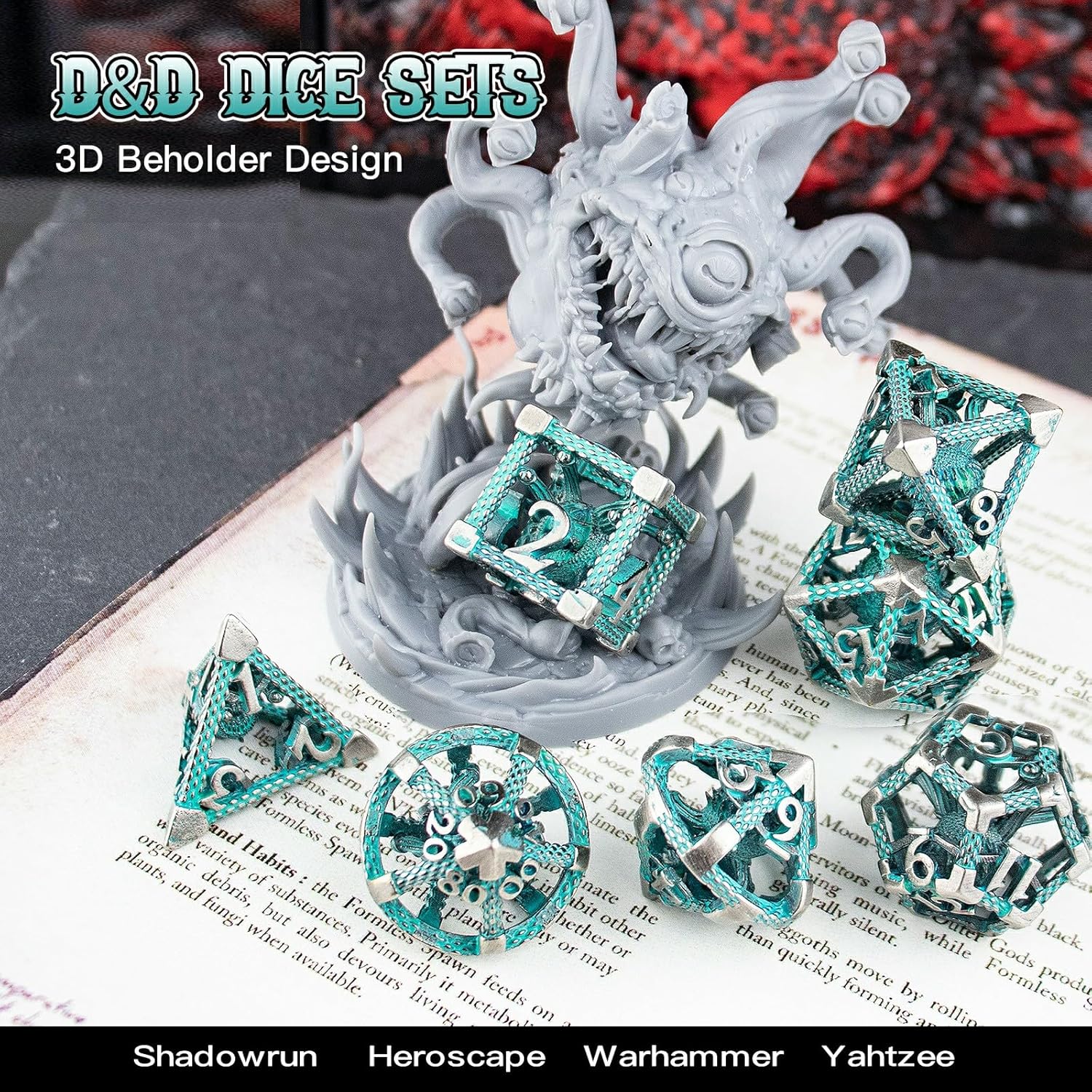 Beholder's Eye DND Dice Set of 7PC, Hollow Dice Set Metal HNCCESG for Dungeons and Dragons Dices or D&D Dice, for RPG Role Playing MTG Tabletop Board Games,Shadowrun Pathfinder(Eye-Blue)