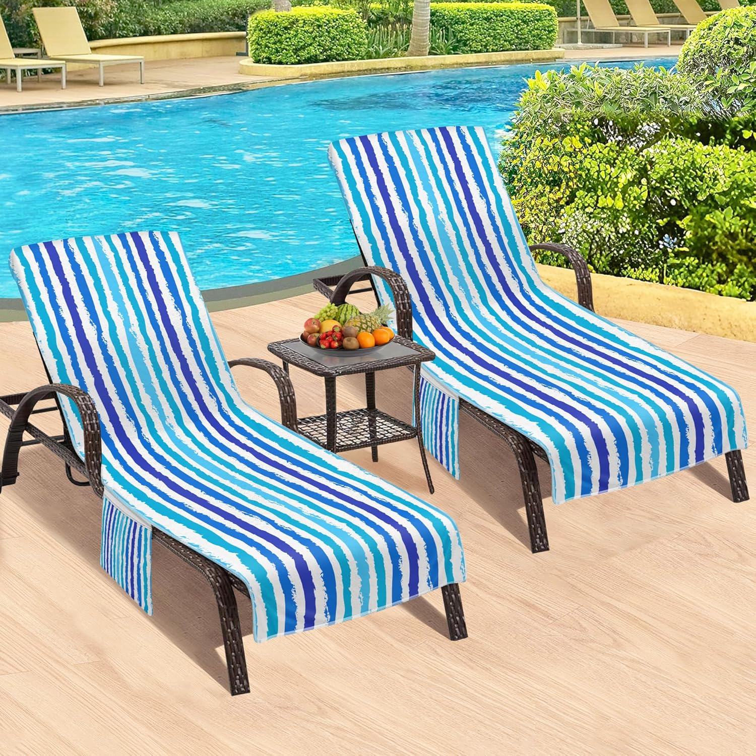 Lounge Chair Towel Cover, Beach Chair Towel (Pack of 2), Lounge Chair Towels with Fitted Top Pocket for Beach Pool Garden Courtyard Outdoor, 85 x 30 in,Striped Turquoise Blue