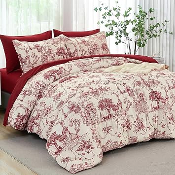 Red Comforter Set Queen 7 Piece Bed in a Bag Toile de Jouy Botanical Comforter with Sheet Set Soft Micorfiber Bedding Set 1 Comforter,2 Pillow Shams,1 Flat Sheet,1 Fitted Sheet,2 Pillowcases