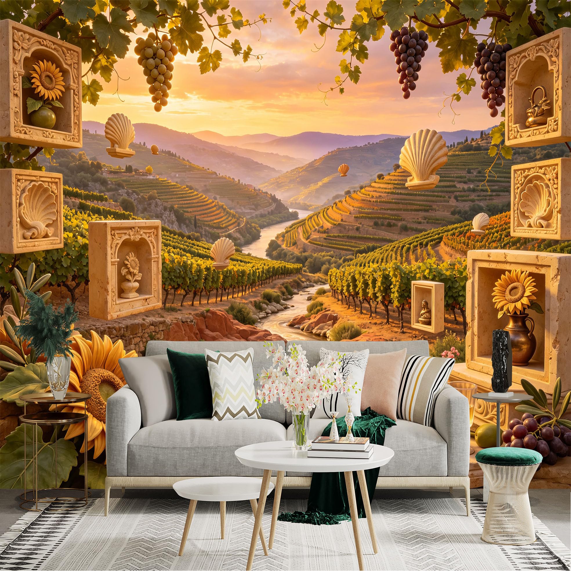 Lnzczhyre Bh260719169 Custom Size Wall Sticker Mural， Vineyard Landscape At Sunset， River Valley View， Grapes And Sunflowers， For Wall Decoration， Peelandstick Wall Decals.