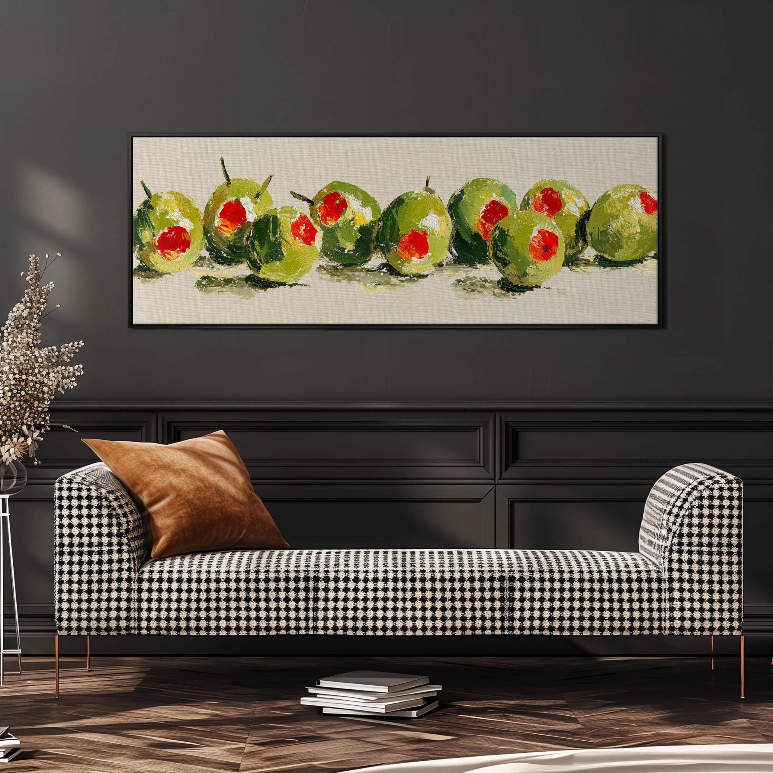XINBAO Zielone oliwki Ilustrowany obraz na płótnie, szerokie płótno panoramiczne, bez pestek nadziewane oliwki rząd, śródziemnomorska dekoracja kuchni (55 x 110 cm / rama wewnętrzna)