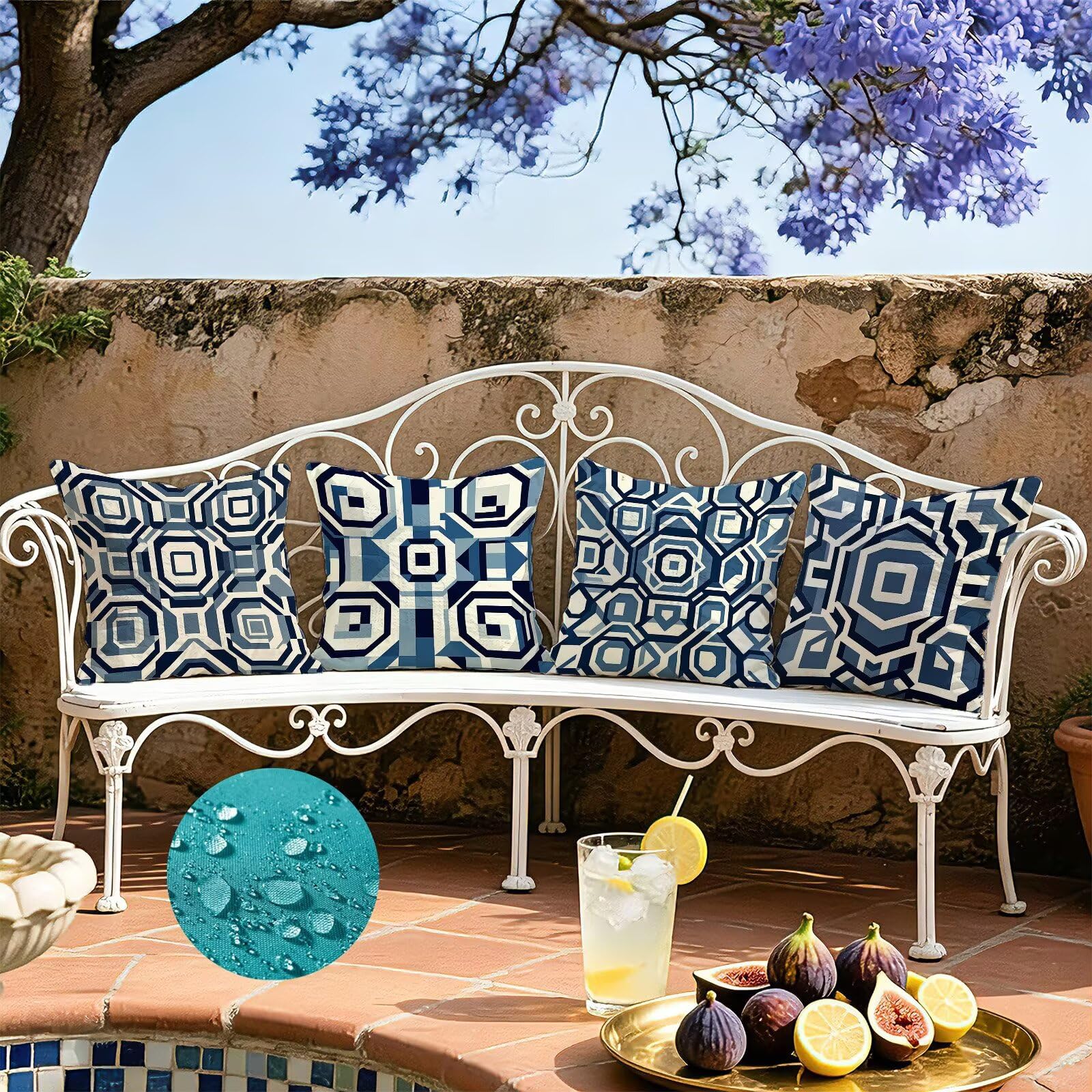 Blu Federe Cuscini Divano 60x60cm, Cuscini da Esterno Set de 4, Cod-136 | Velour Copricuscini Decorativi Letto Arredo, per Letto, Soggiorno, Giardino, Esterno, Casa Decorazione Set di 4 Geometria