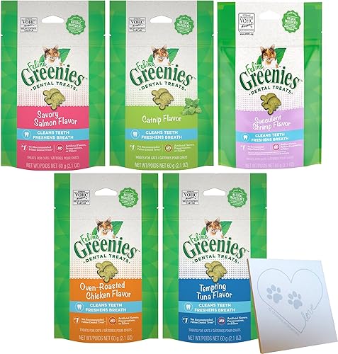 Feline-Greenies - Paquete variado de golosinas dentales para gatos, los cinco sabores salmón, pollo, atún, hierba gatera y camarones (2.1 oz cada