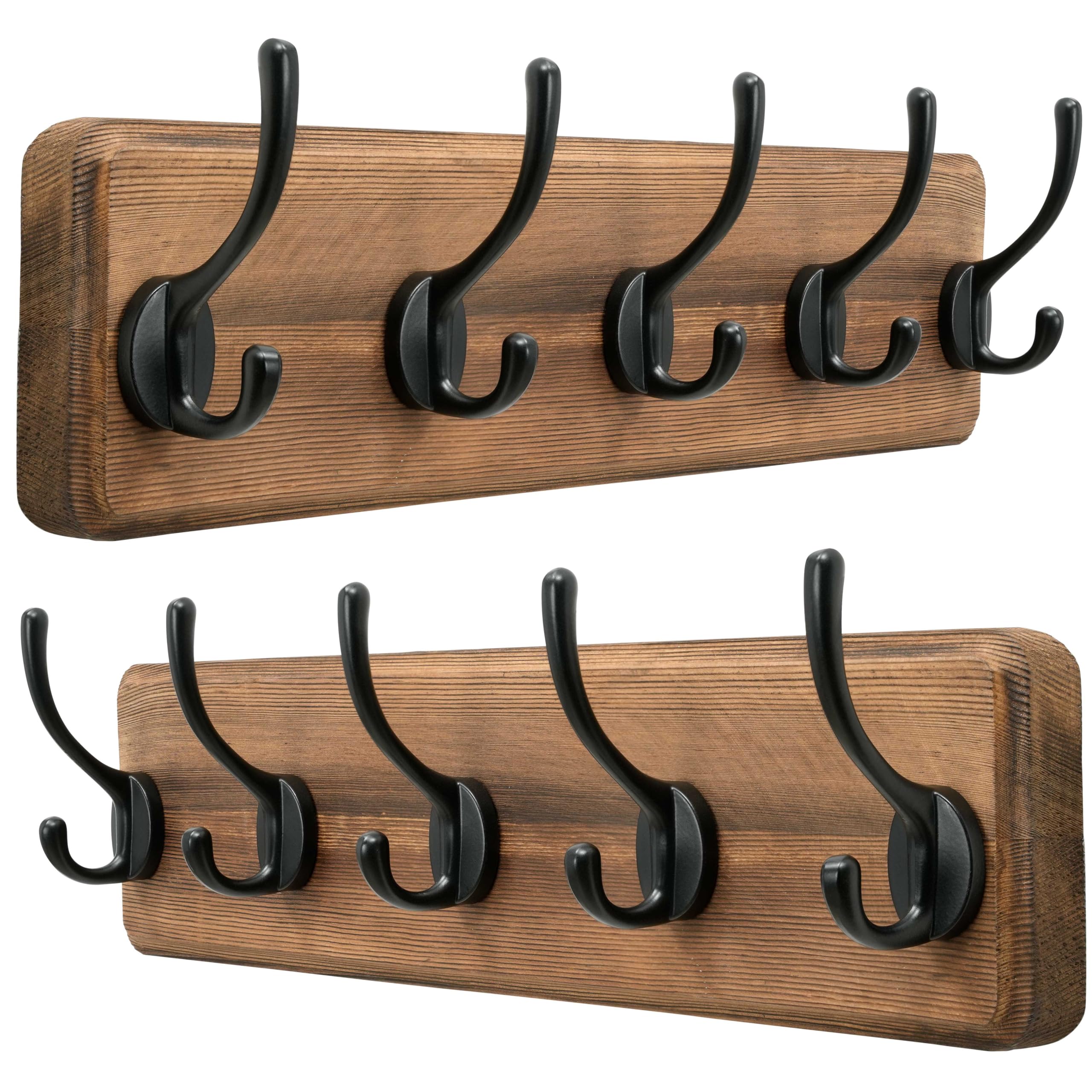 Dseap Natural & Black Coat Rack Wall: Patented, Heavy-Duty, 5-Double-Hooks Wooden Wall Mounted Coat Rack Coat Hanger Hook Rail For Winter Coats Hat Jacket Clothing, Pack Of 2