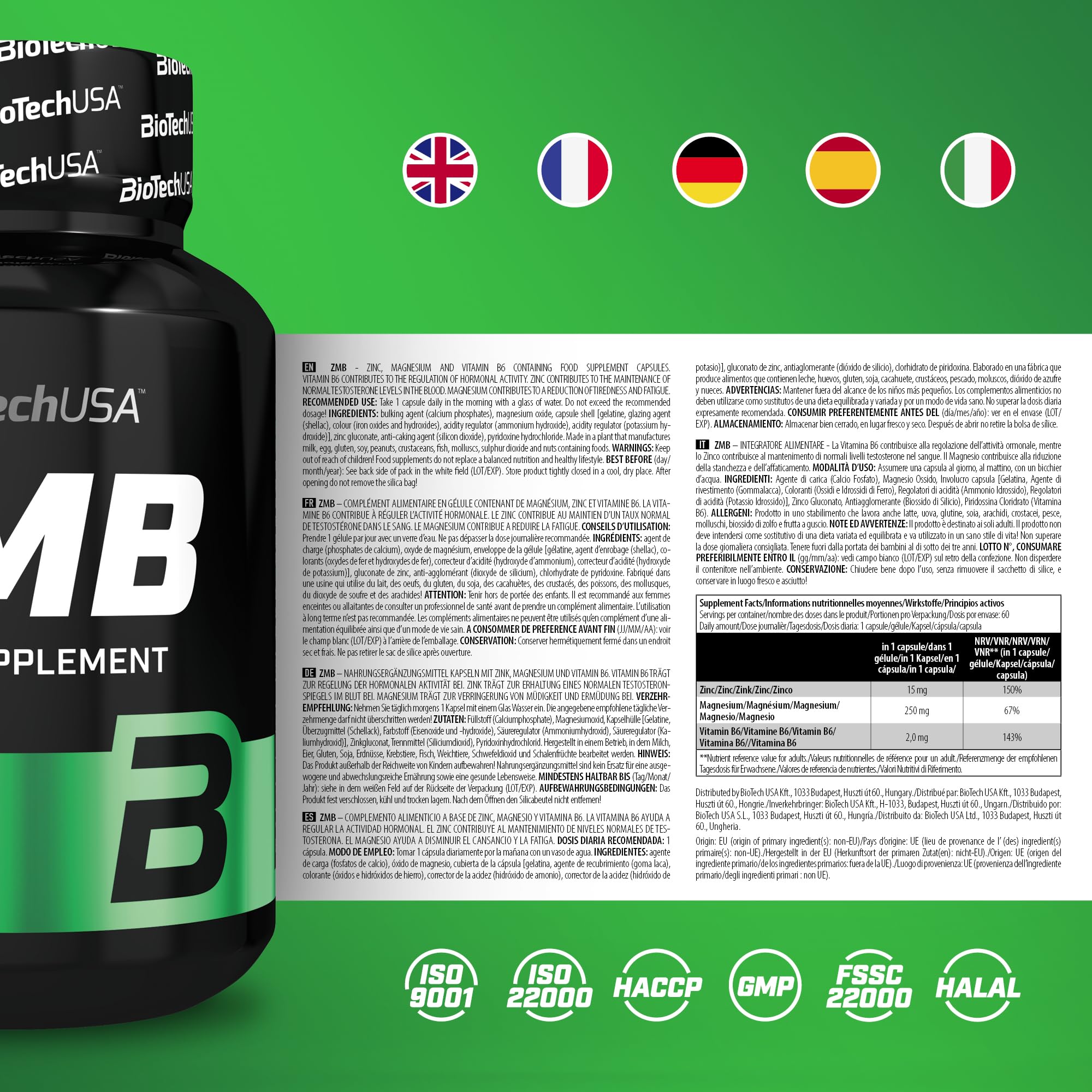 BioTechUSA ZMB Capsules | Optimiseur d'hormones | avec Zinc, Magnésium et Vitamine B6 | Soutien à la testostérone, 60 capsules