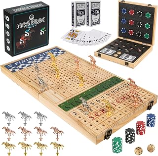 Horse Racing Board Game - 23"x12" - Derby Classic Horse Race Game with 11 Premium Metal Horses - Foldable Wood Horse Game with Dice, 2 Packs of Cards & 60 Poker Chips - Natural Wood