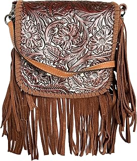 western floral tooled 100% leather fringe cross body purse (brown white) Small