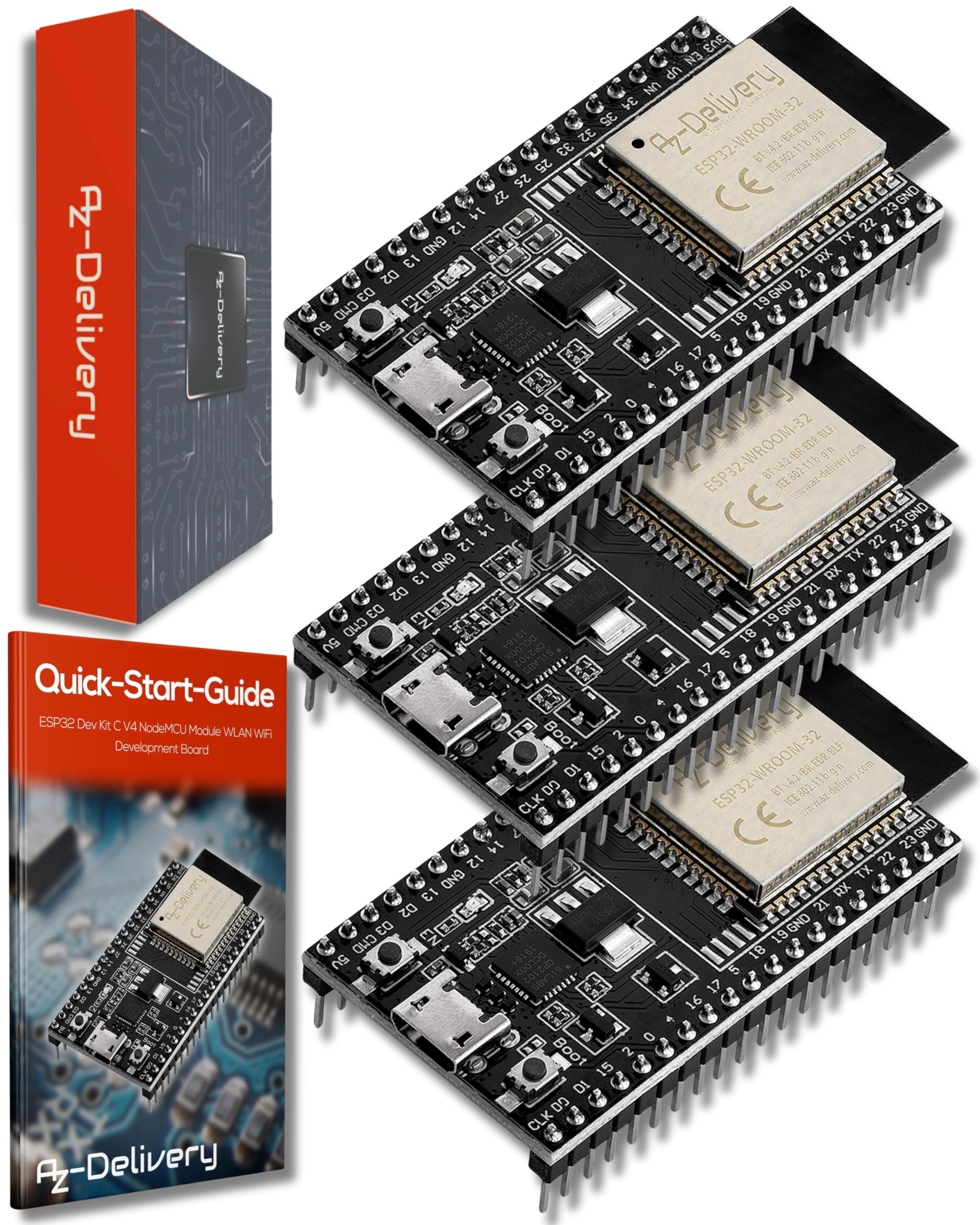 AZDelivery 3 x ESP32 Dev Kit C V4 NodeMCU WLAN WiFi Development Board kompatybilny z Arduino w tym e-Book! (Następca modułu ESP32 Dev Kit C)