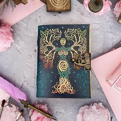 Miniatura 3 de KMAAC Diario de hechizos en blanco con cierre de cerradura, diario de cuero hecho a mano vintage con oración en relieve, brujería antigua, cuaderno