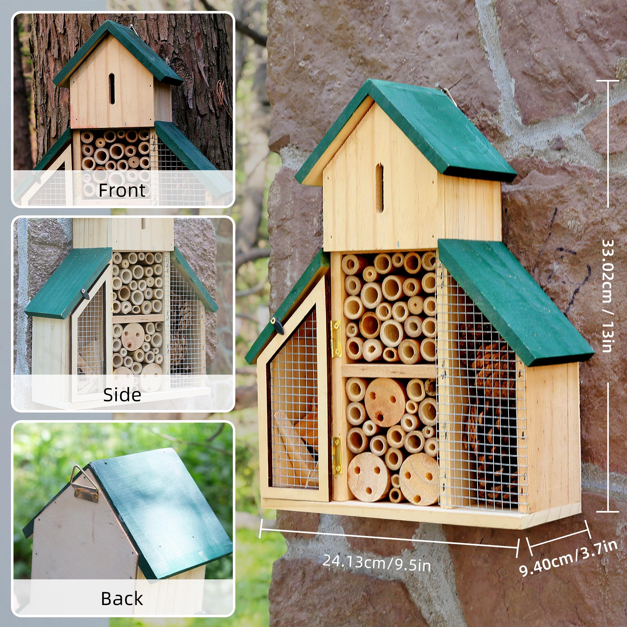 3-lagiges Insektenhaus aus Holz mit grünem Dach, mehrere Räume und Kapazität, Insektenhotel, ein hängender Lebensraum für Bienen, Schmetterling, Marienkäfer, Bienenkiste