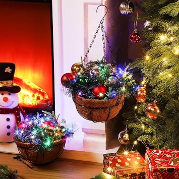 2 Pcs Winter Hanging Baskets for Outdoors Christmas Porch Decor with Pine Cones Berry Clusters LED Lights Christmas Hanging Basket for Outdoors, for Front Door Home Porch(Ball Tree)