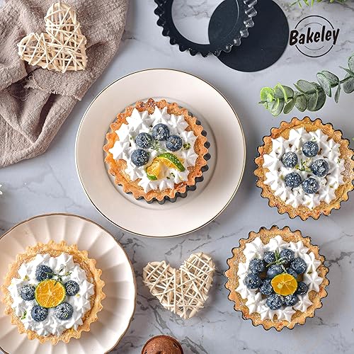 Miniatura 7 de Juego de mini sartenes para tartas de 4 pulgadas, 4 piezas con parte inferior suelta extraíble, antiadherente, redonda, quiche, para horno y cocción