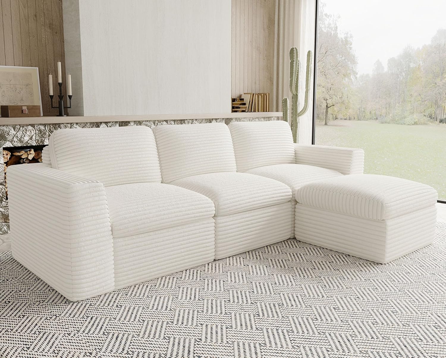 Plush Corduroy Cloud Sectional Couches for Living Room Boneless Modular Sectional Sofa Convertible 3-Seater L Shaped Couch with Ottoman. White Sofa.