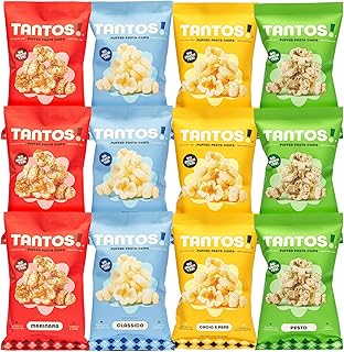 Tantos! Puffed Pasta Chips – Healthy Pasta Snack by Top Chef Joe Sasto – Plant-Based, Low Calorie, Crunchy Chips – Variety Pack – Marinara, Pesto, Cacio e Pepe, Classico – Gourmet Bold Flavors – (4oz-12 Pack (3 of Each Flavor), Variety)