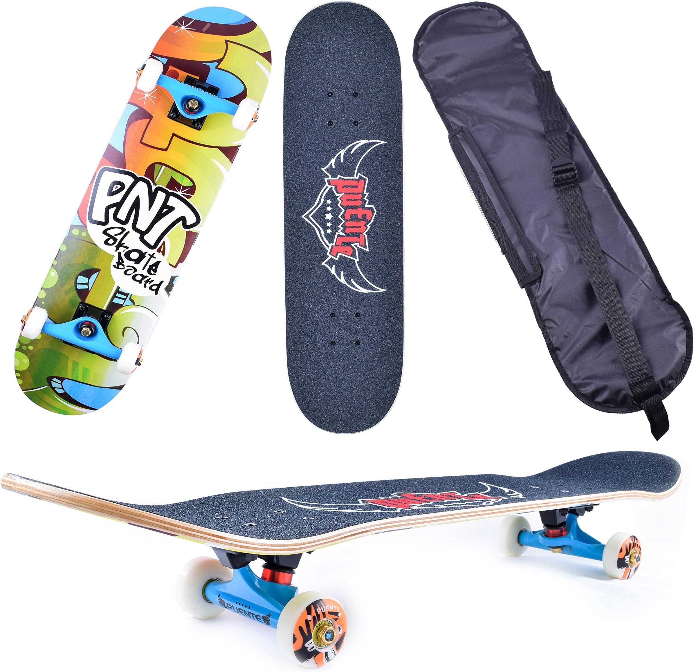 Puente Pro Maple Pre-Assembled Scrawl Style Complete Skateboard Adds Gift of Longboard Bag