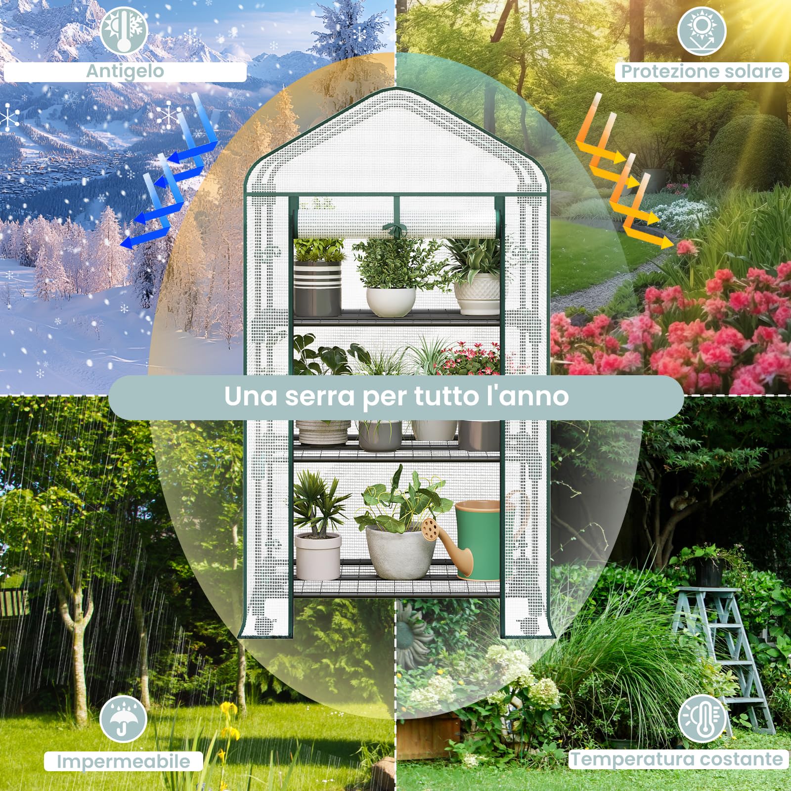 WOLTU Serra da Giardino, con Ruote, Serra da Balcone, 70x50x131 cm, Copertura in PE 140 g/m², Porta a Zip Avvolgibile, per Svernamento con 3/4 Ripiani, per Interni ed Esterni, Bianco