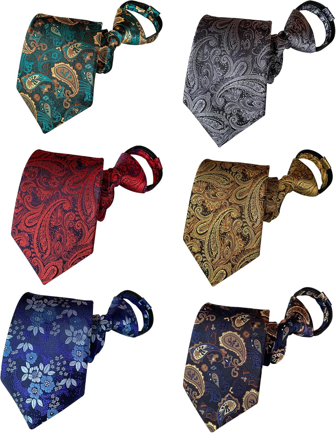 Men's Lot 6 PCS Classic Zipper Ties Pretied Stripes Necktie, Adjustable Paisley Woven Silk Tie Set for Business Wedding