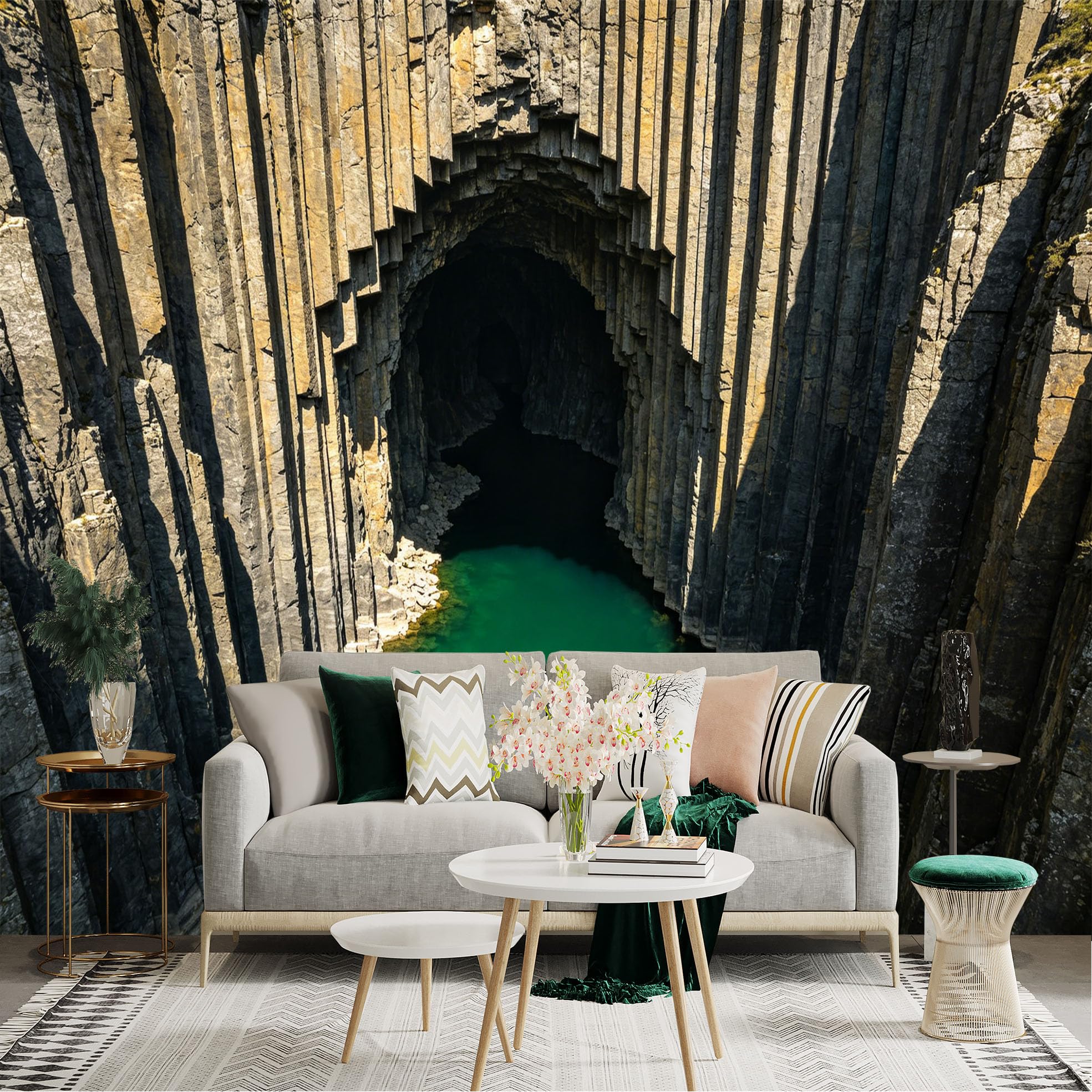 Lnzczhyre Dbh260521753 Custom Size Wall Sticker Mural， Basalt Column Cave， Natural Rock Formation， Deep Turquoise Water， Geological Wonder， For Wall Decoration， Peelandstick Wall Decals.