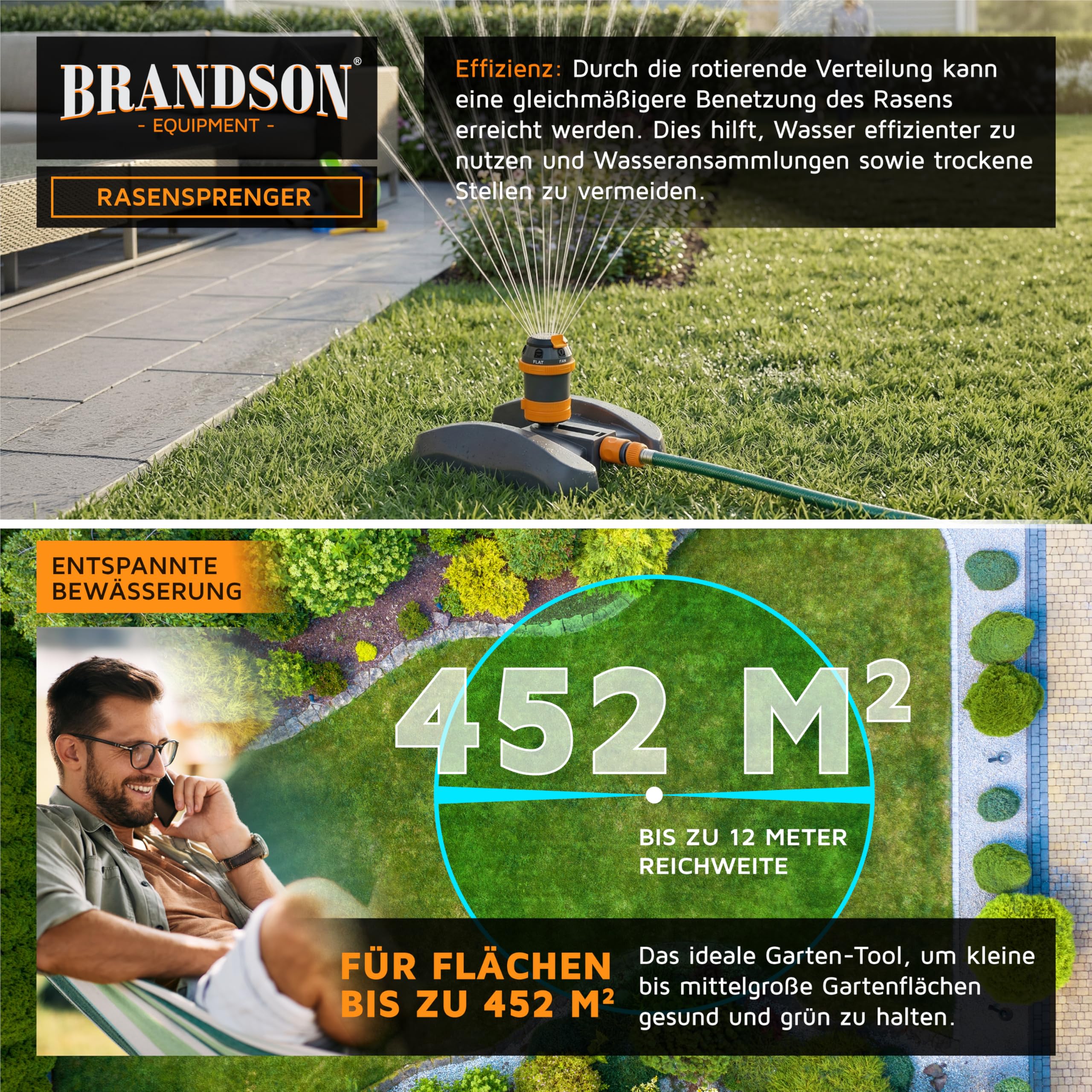 Brandson - Rasensprenger Viereckregner 3/4 Zoll – 6 Sprühmuster – für große Flächen - Einstellbare Sprühhöhe - Oszillation Funktion 360 Grad – Garten Rasensprinkler
