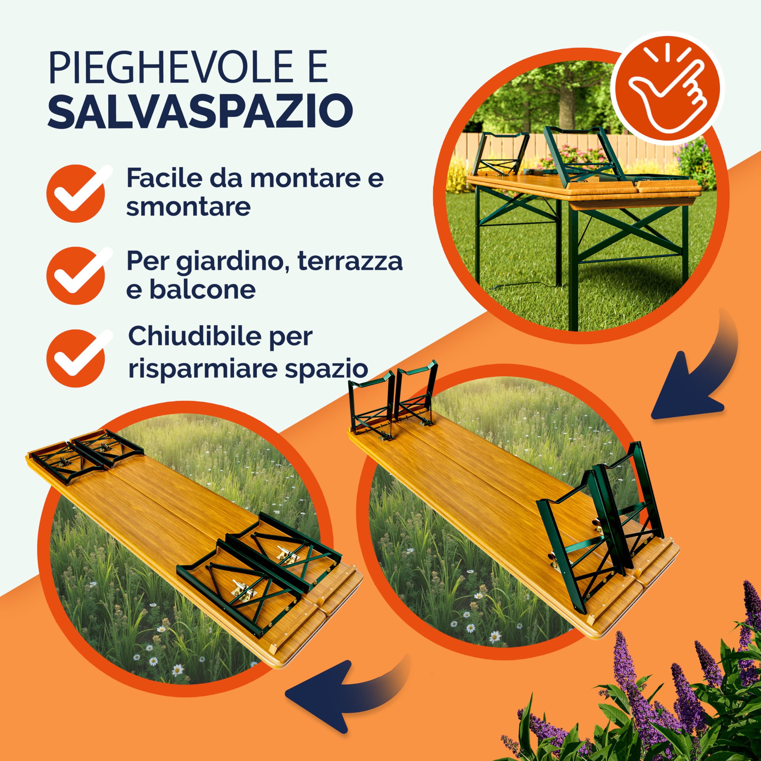 Casaria Pieghevole Set Tavolo da Birreria 170cm con Foro Ombrellone 2x Panche in Legno da Giardino