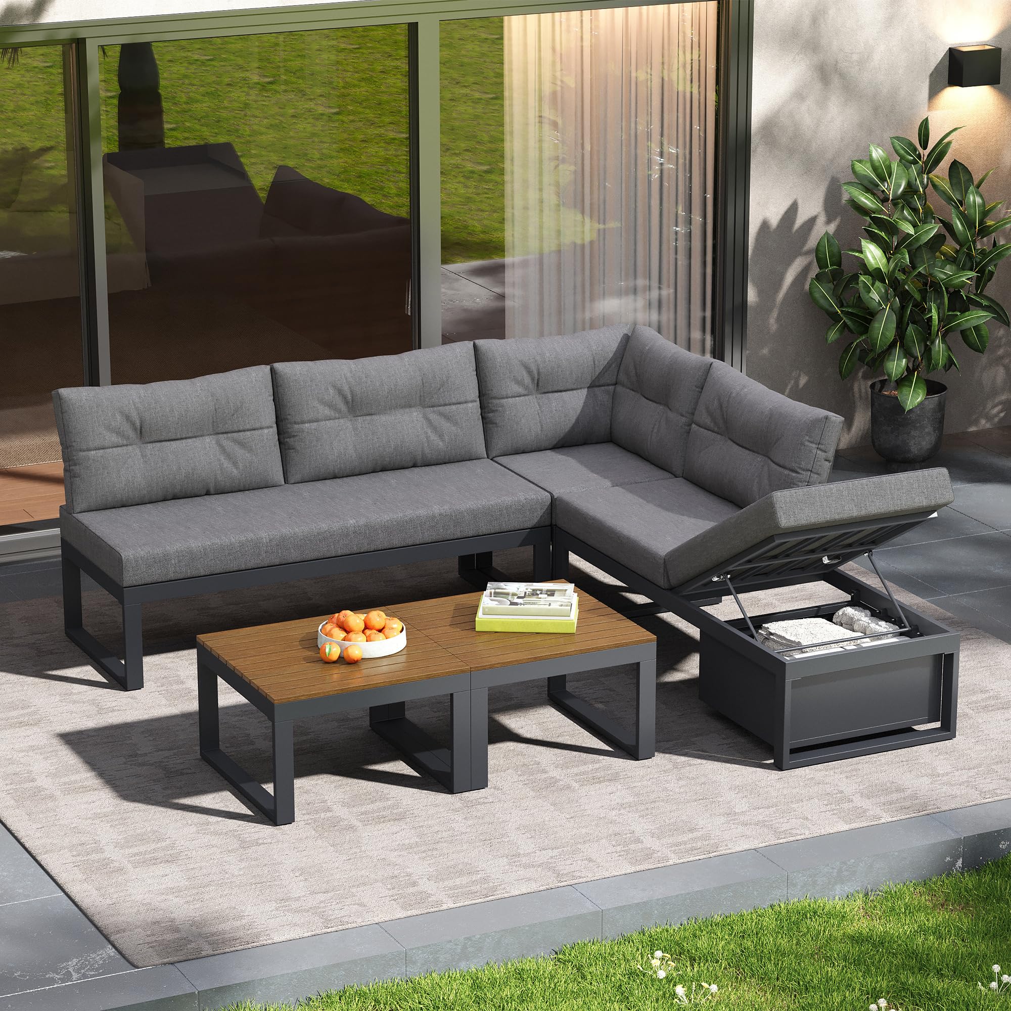 Conjunto de Jardin Exterior para 5 Personas, 5 Piezas, Set Muebles Jardin con 2 Mesa de Centro, Sofá Sillones con Cojines y Respaldo, Juego de Muebles de Jardín para Terraza Patio (Gris)
