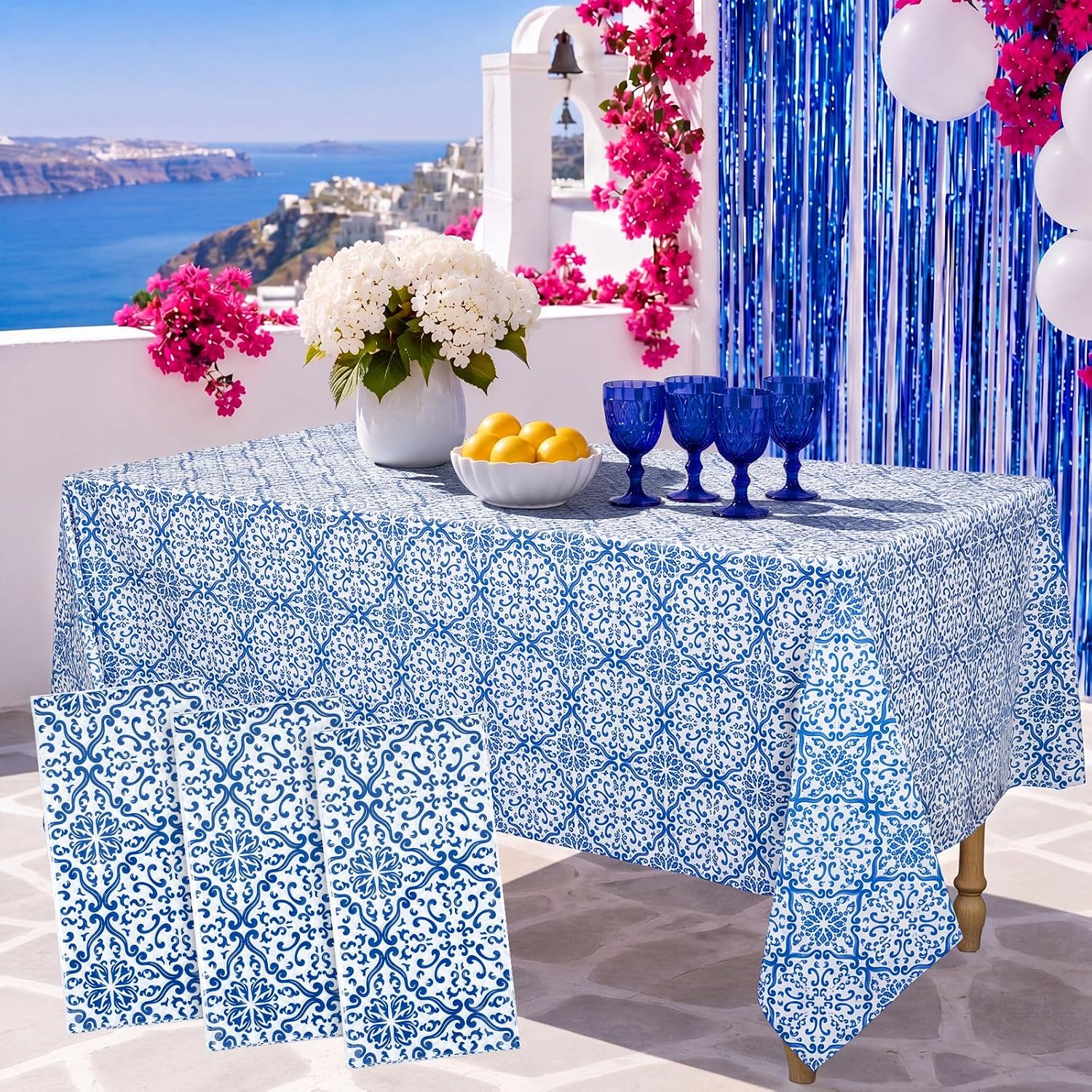 Suclain 3 Pack 42 x 102 Inch Rectangle Dancing Queen Fabric Tablecloth Blue Amani Tile Print Indoor Outdoor Soil Resistant Water Repellent Fabric Table Cover for Party and Dining Delft Blue Medallion