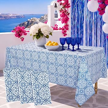 3 Pack Dancing Queen Tablecloth Blue Tile Print Greek Mediterranean | 42x102 Inch, Blue and White Plastic Table Cover, Water Repellent Rectangle Tablecloth, Bachelorette Party Decor for Dining