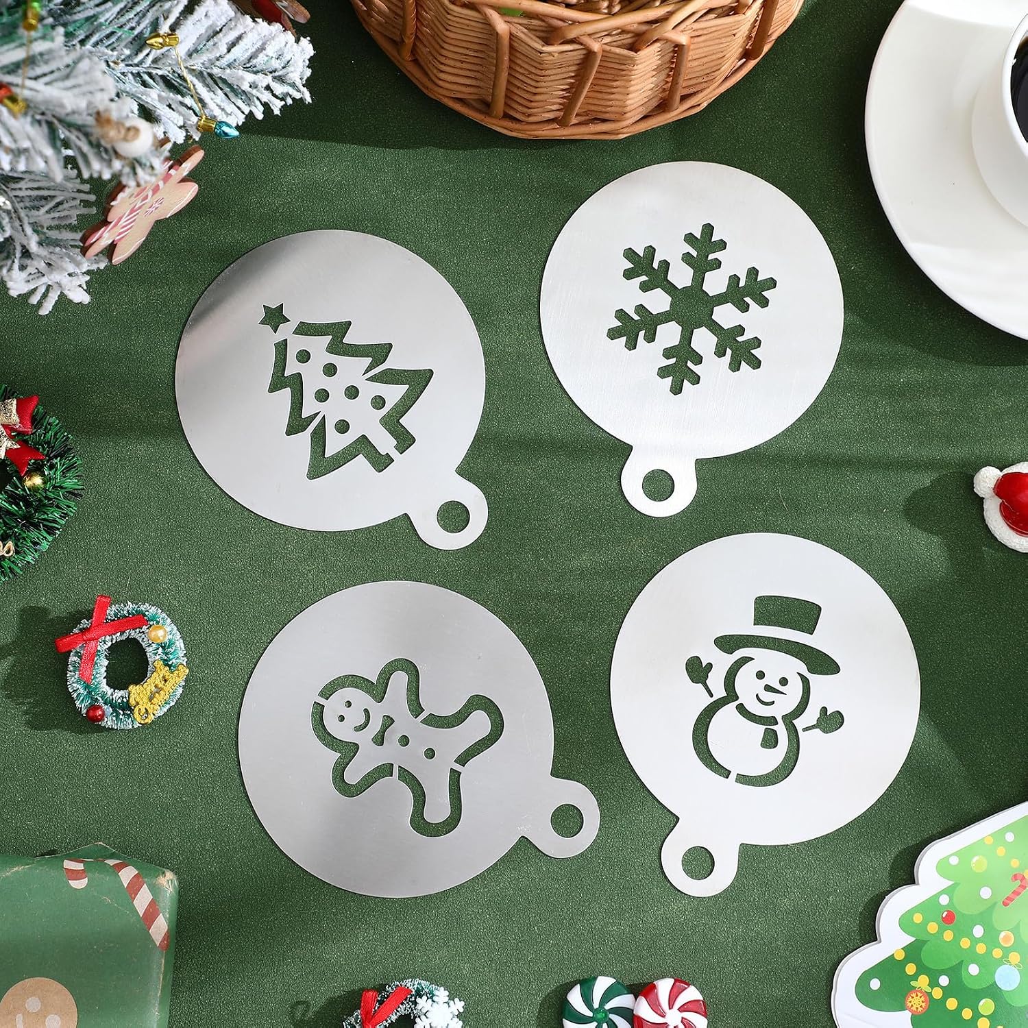 4 Pcs Creative Christmas Cake Stencils and Coffee Decorating Stencils Set, Stainless Steel DIY Baking Supplies for Decorating Cakes and Breads with Adorable Holiday Designs
