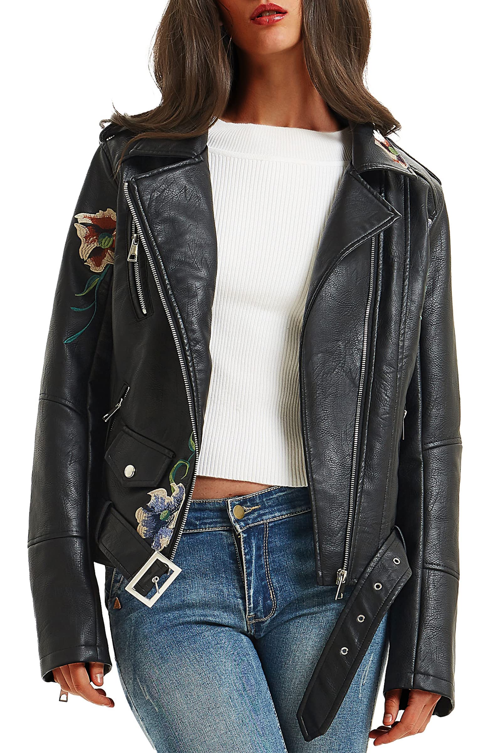 BELLIVERA Veste en faux cuir pour femmes - Manteau Moto Bike