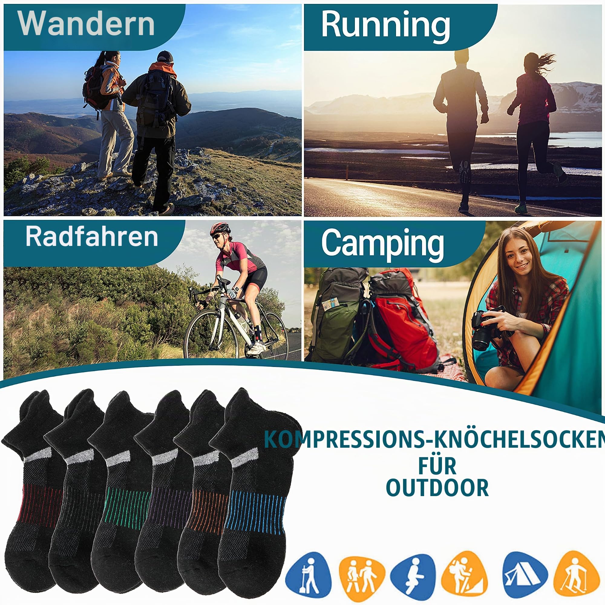 Anlisim Merino Wandersocken Kurz Sneaker Socken, Dicke Wollsocken, Warme Wolle Laufsocken, Kompressions Sportsocken Thermosocken für Herren Damen 6 Paar