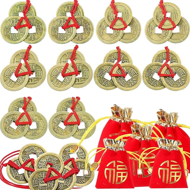 10 Pcs Chinese Fortune Coins Feng Shui Coins Good Luck Coins Traditional Gold Fortune Coins with Red Rope and 5 Pacs Red Lucky Pouch for Wealth, Health and Success, Chinese Theme New Year Decoration