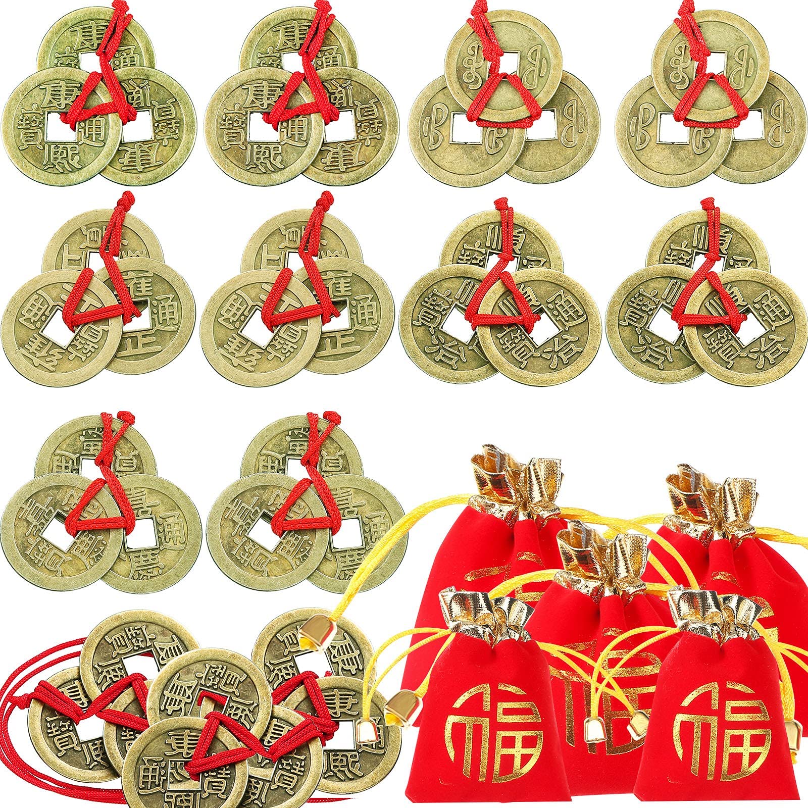 10 Pcs Chinese Fortune Coins Feng Shui Coins Good Luck Coins Traditional Gold Fortune Coins with Red Rope and 5 Pacs Red Lucky Pouch for Wealth, Health and Success, Chinese Theme New Year Decoration