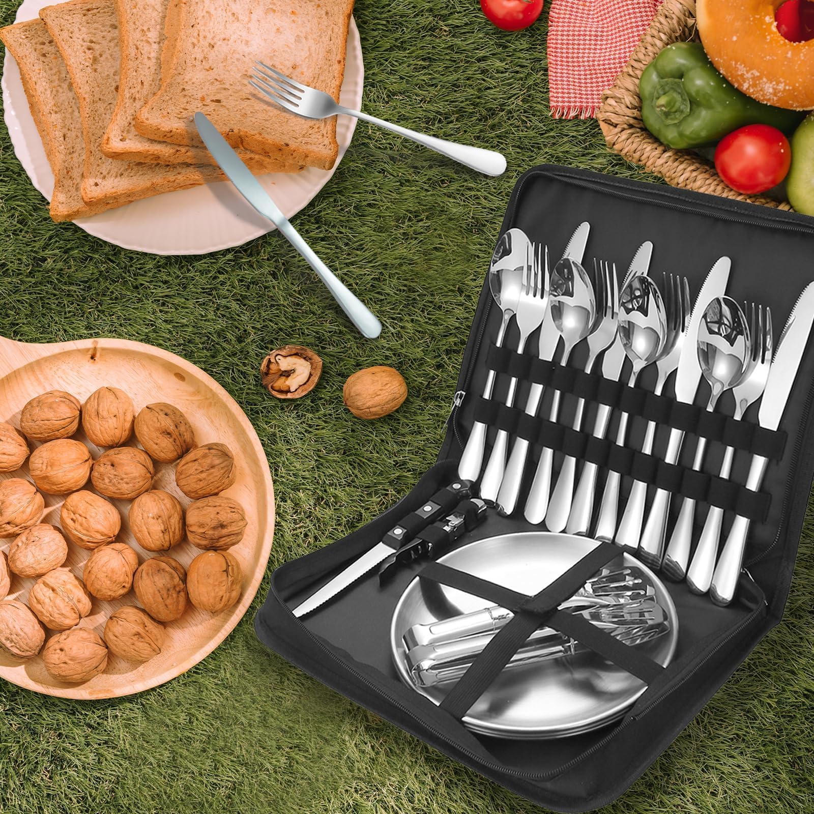Couverts de Camping en Acier Inoxydable pour 4 Personnes avec cuillère, Fourchette, Couteau, Assiette Clip