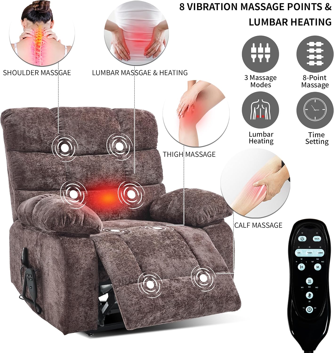 Power Lift Recliner Chair with Lumbar Heat Vibration Massage, Dual Motor Electric Lift Recliners Infinite Position Up to 350 LBS, Chenille Fabric Medium-Firm Lifting Assist Chair, Chocolate Brown