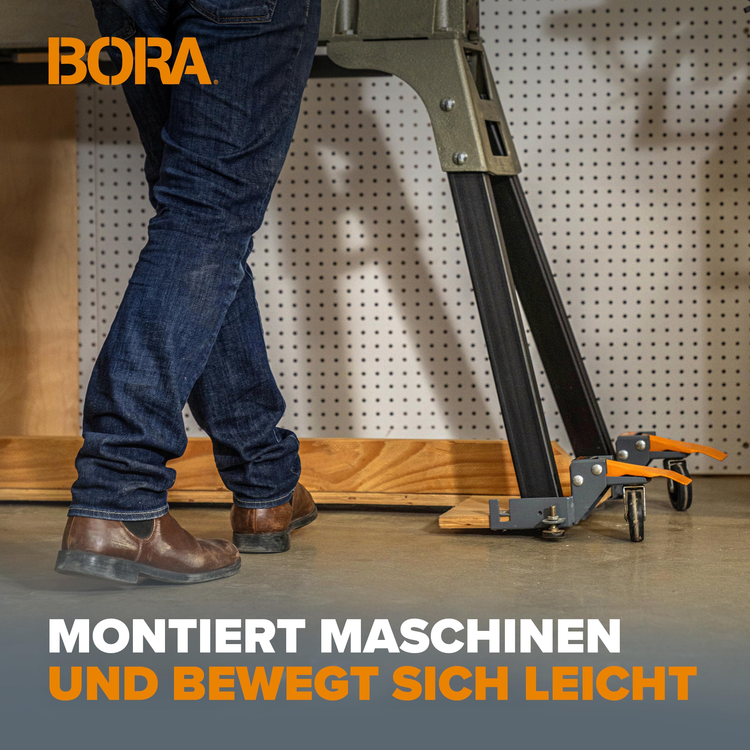 BORA Mobile Basis Set PM-1100 – Universelles Rollset, 180 kg Tragkraft, für Tischkreissäge, Bandsäge & Holzbearbeitungsmaschinen, Orange/Grau